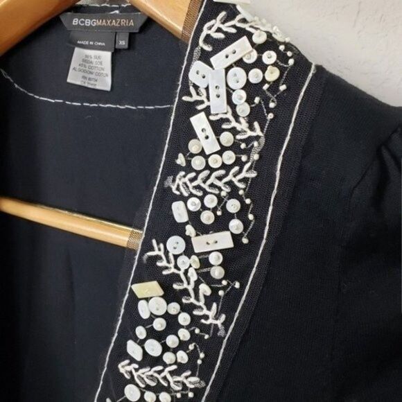 BCBGMaxazria black short-sleeved crop top with crossed tie and rhinestones XS - Picture 2 of 8